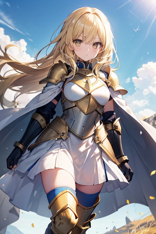 Eyes,One person, alone, Blonde, armor, Long Hair, Straight hair, Knee socks, boots, dress, Yellow Eyes, thigh boots, blue long boots, Blue footwear, Covered navel, breastplate, shoulder armor, gloves, white dress outdoor, sunny, High resolution, Golden Eyes, masterpiece, 