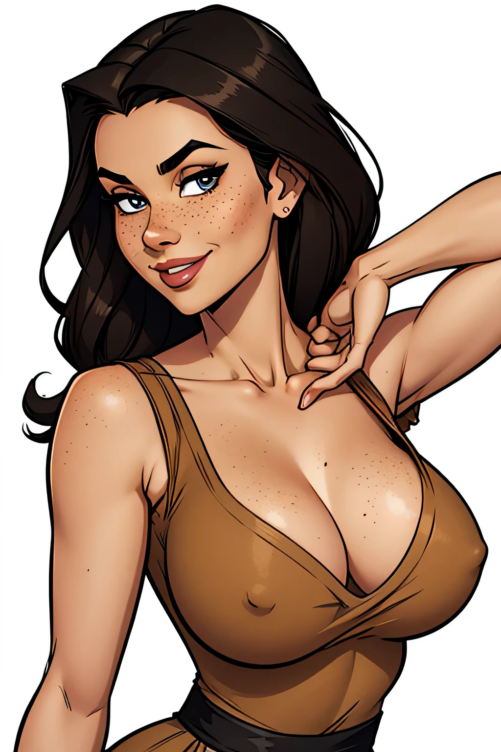 Thin woman, age 25, 4K (High definition), mysterious smile, seducing gaze, eyes browns, wearing a beige dress with a princess neckline and short sleeves, arms positioned at the side of the body, Caucasian skin, straight black hair down to shoulder length, standing (upper body), full of curves with freckles across her chest and neck, round breasts. Marvel style high quality, white background.