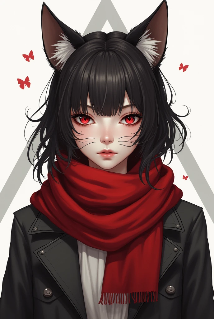fullbody,sofia,scarf,jacket,humans,animal ear,whiskers,looking at viewer,white triangle, masterpiece, best quality, red scarf,