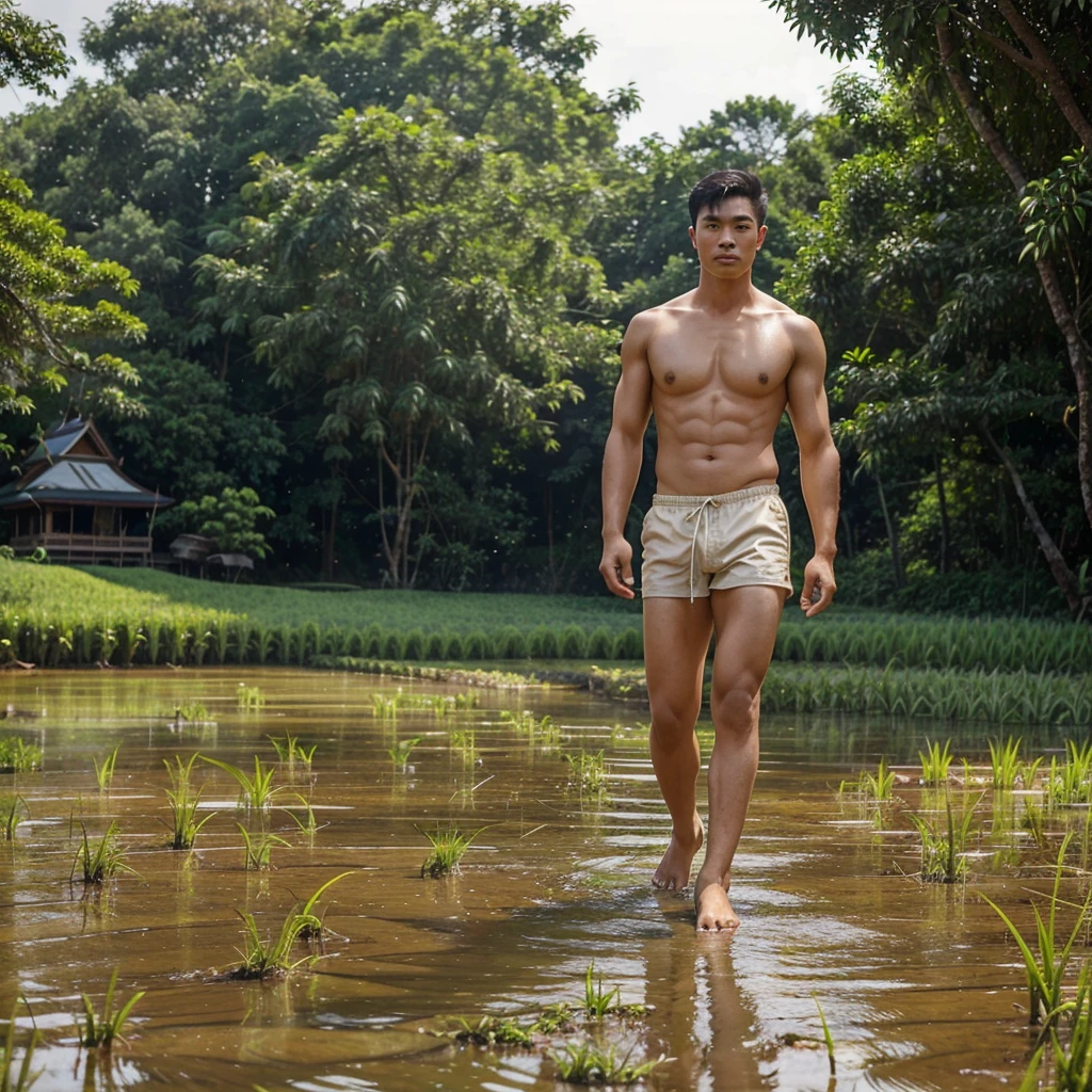 Create a young Thai man with a handsome face like a Thai star, a well-proportioned figure, wearing a Thai farmer's outfit, walking through a lush rice field. The image is more beautiful than you can imagine. The resolution is great.