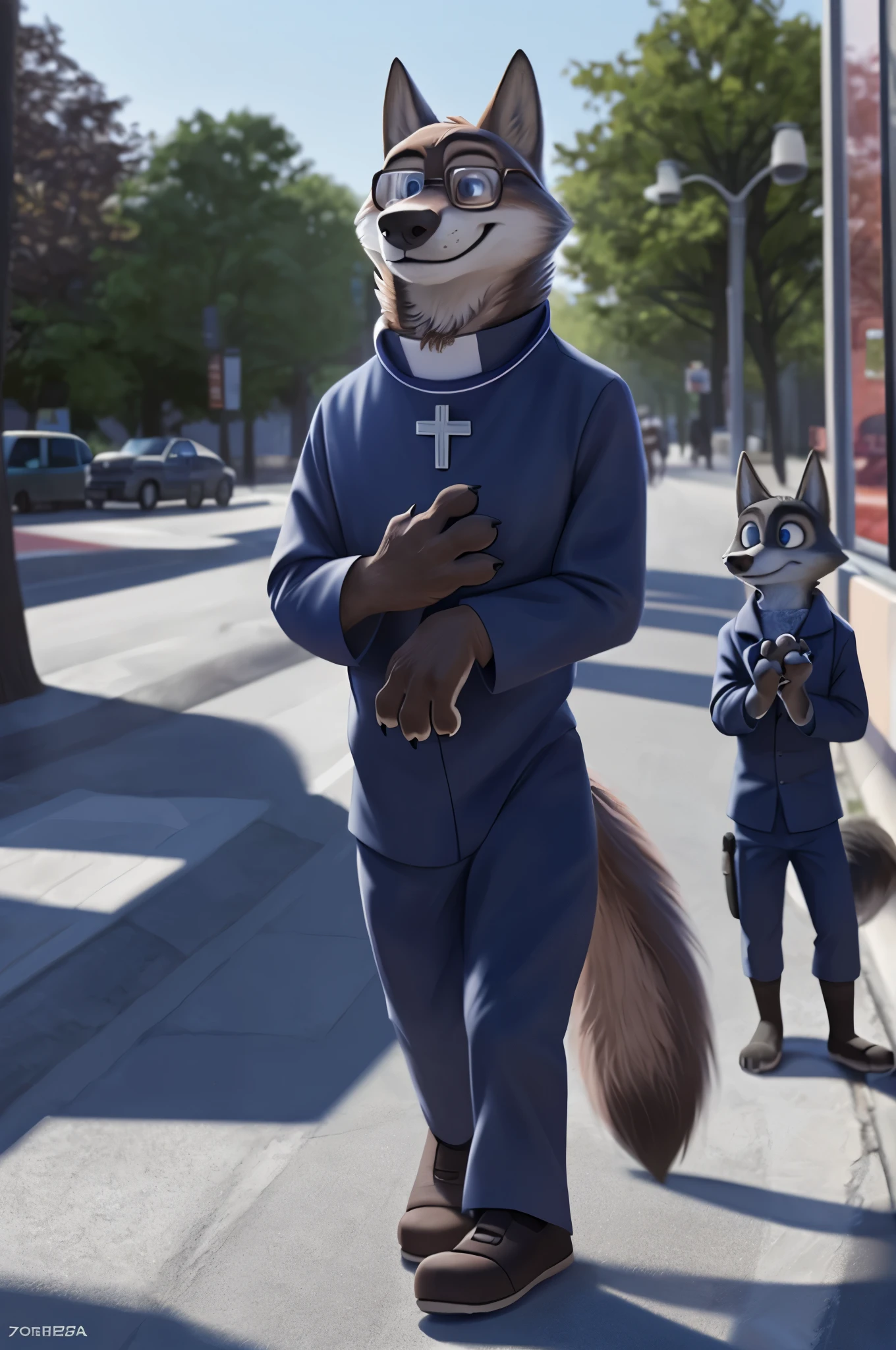 Пара Male женский, Larry and Barbara,(Zootopia), young wolf, gray fur, (brown body:1.3), beautiful white glasses blue eyes, Zootopia, Catholic priest,Cardinal,pectoral cross white collar,dog shoes,wolf, detailed fur, Male, second, paw pads, claws, looks at the viewer, 5 fingers, paws, 4 toes, B is walking down the street,waiting for the bus, dressed, dress, monastic,
BREAK from nextel, for dating, by xenoforge, (difficult, high detail,digital photography, soft focus,close to the camera, smile, positive, Good, mood, Houses, looks at the viewer, очень close to the camera,catholic priest, On the street is going, on a bus,
photorealism, realistic, photorealistic,digital style, subsurface scattering,очень close to the camera
шедевр, Best quality, ultra realistic, 8 thousand.)