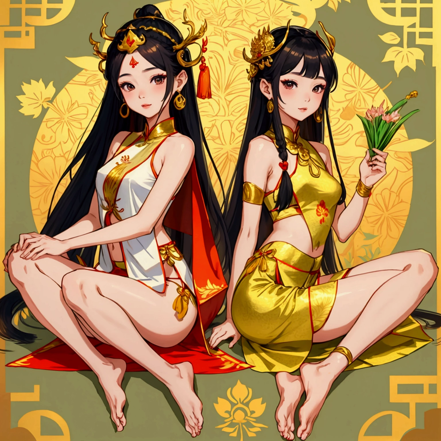 Thai female characters,long hair,Wear Thai clothes,Wear a Thai tube top,,Thai person,Barefoot standing neatly,Put on the leaves,Wearing a golden crown,Wear a Thai pattern skirt,Dress politely,Not