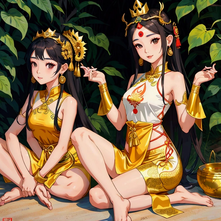 Thai female characters,long hair,Wear Thai clothes,Wear a Thai tube top,,Thai person,Barefoot standing neatly,Put on the leaves,Wearing a golden crown,Wear a Thai pattern skirt,Dress politely,Not