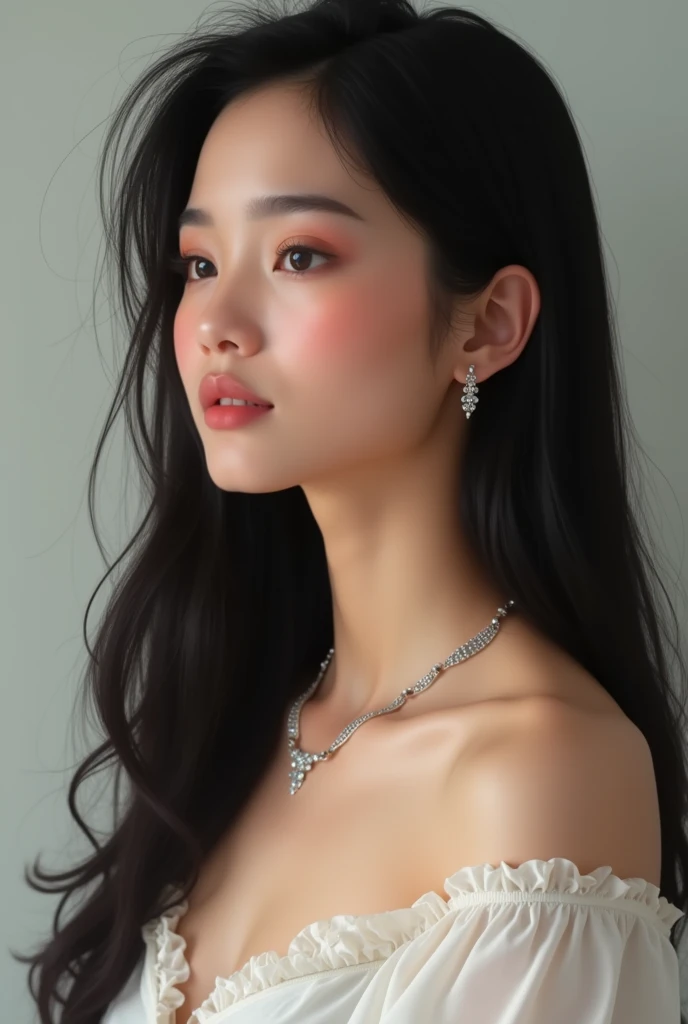 Indonesian girl with long black straight hair, glowing face, white skin, pink lips, slightly visible teeth, holding face facing right 45 degrees, right ear and neck visible, wearing white gold necklace, sturdy body, weight 60 kg, height 165 cm, chest size 36D