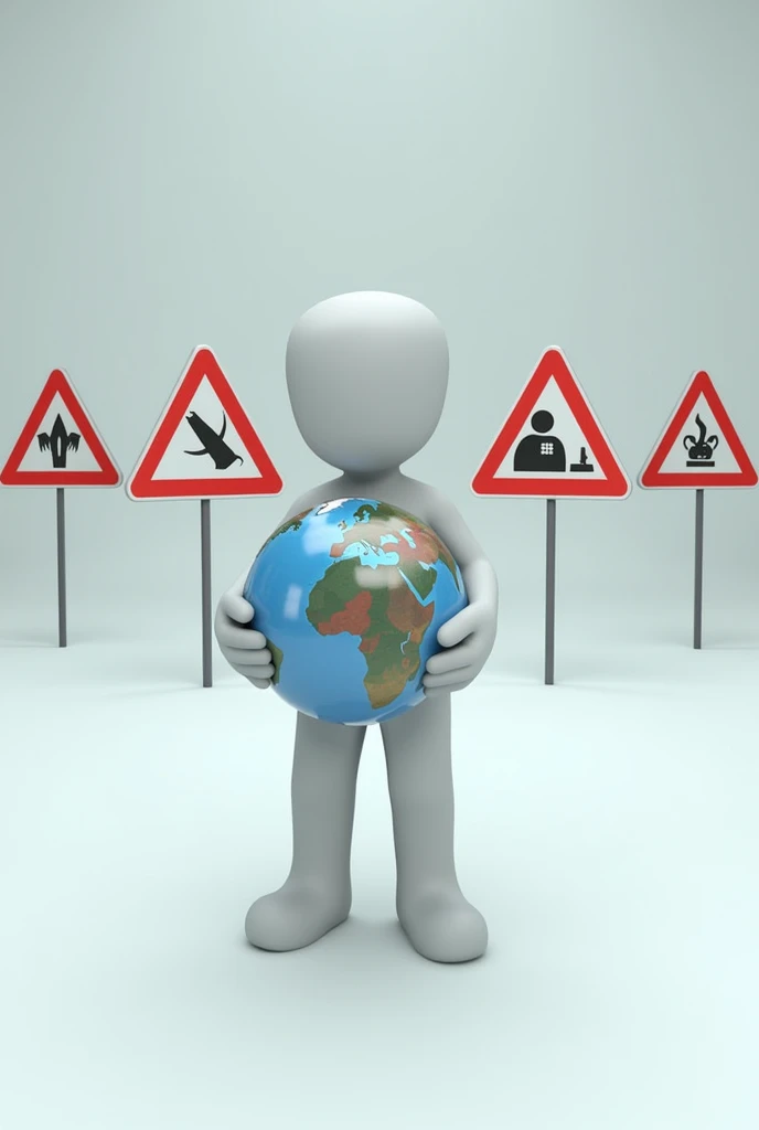Digital Animation of human holding earth like projector and five safety signs around it
