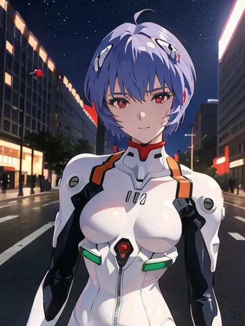 masterpiece, best quality, 1girl, ayanamirei, eva00plugsuit, interface headset, looking at viewer, light smile, city park,upper body, cyber city