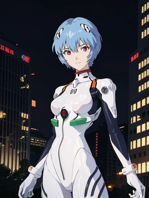 masterpiece, best quality, 1girl, ayanamirei, eva00plugsuit, interface headset, looking at viewer, light smile, city park,upper body, cyber city