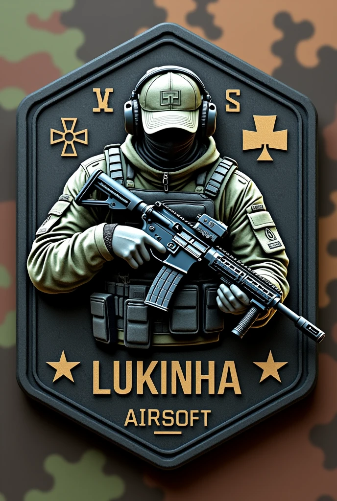 Create Hexagonal Rubberized Patch Cliché, camouflage coat of arms background, military coat of arms with the name Lukinha Airsoft, operator carrying an m4 rifle wearing a cap and headphones