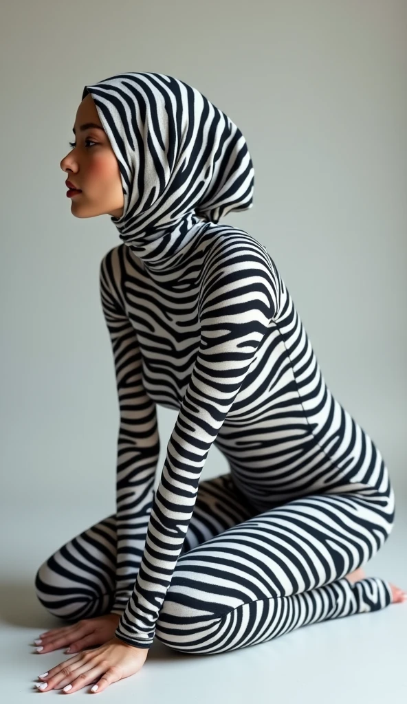 a beautiful asian muslimah woman with zebra striped seamless print hijab wears zebra striped seamless print unitard catsuit.She always wear zebra striped seamless print hijab.She is crawling.