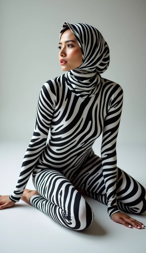 a beautiful asian muslimah woman with zebra striped seamless print hijab wears zebra striped seamless print unitard catsuit.She always wear zebra striped seamless print hijab.She is crawling.