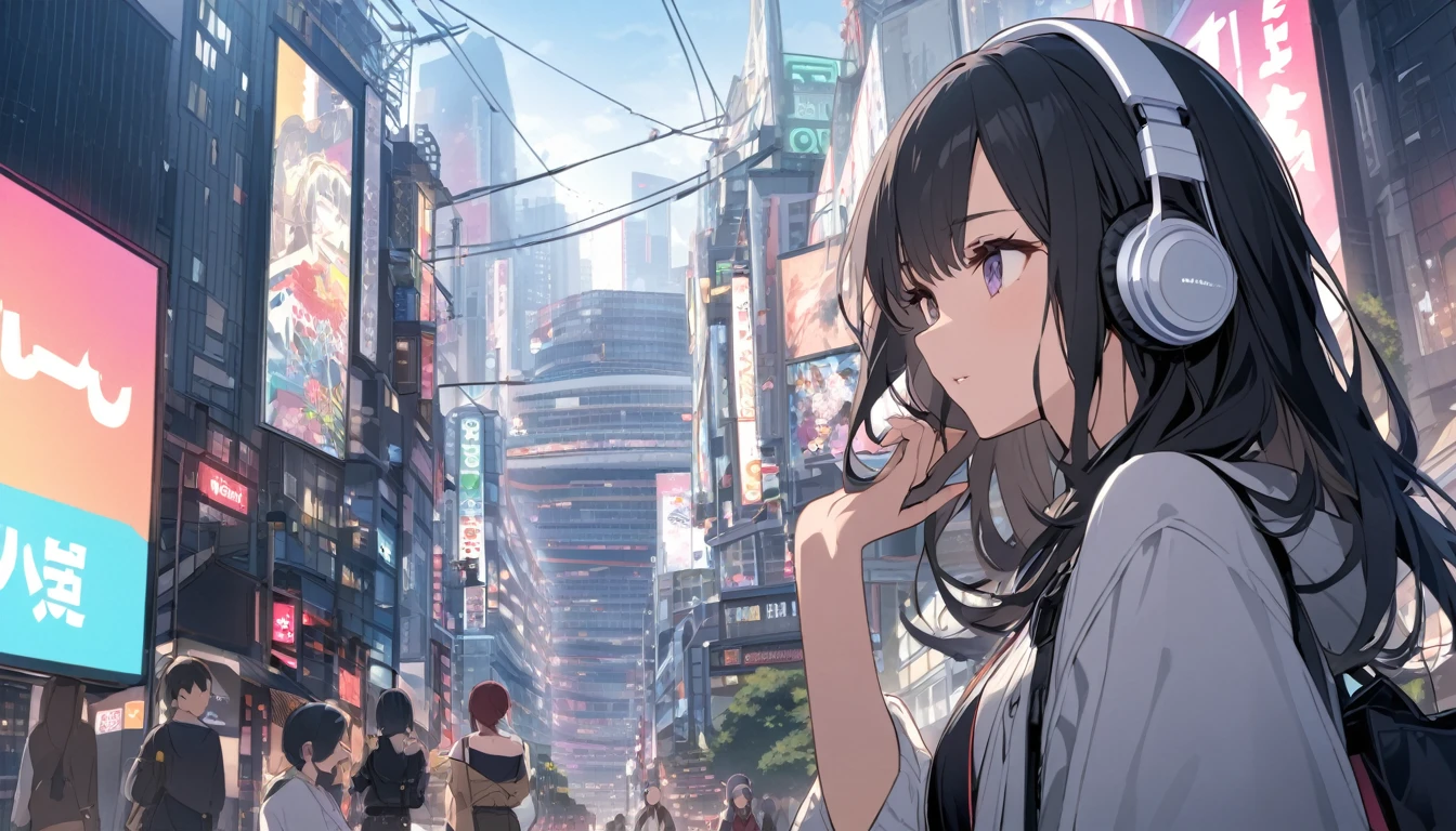 Black haired woman with headphones looking at the city of Tokyo,Streetscape、listen to music、Japanese
