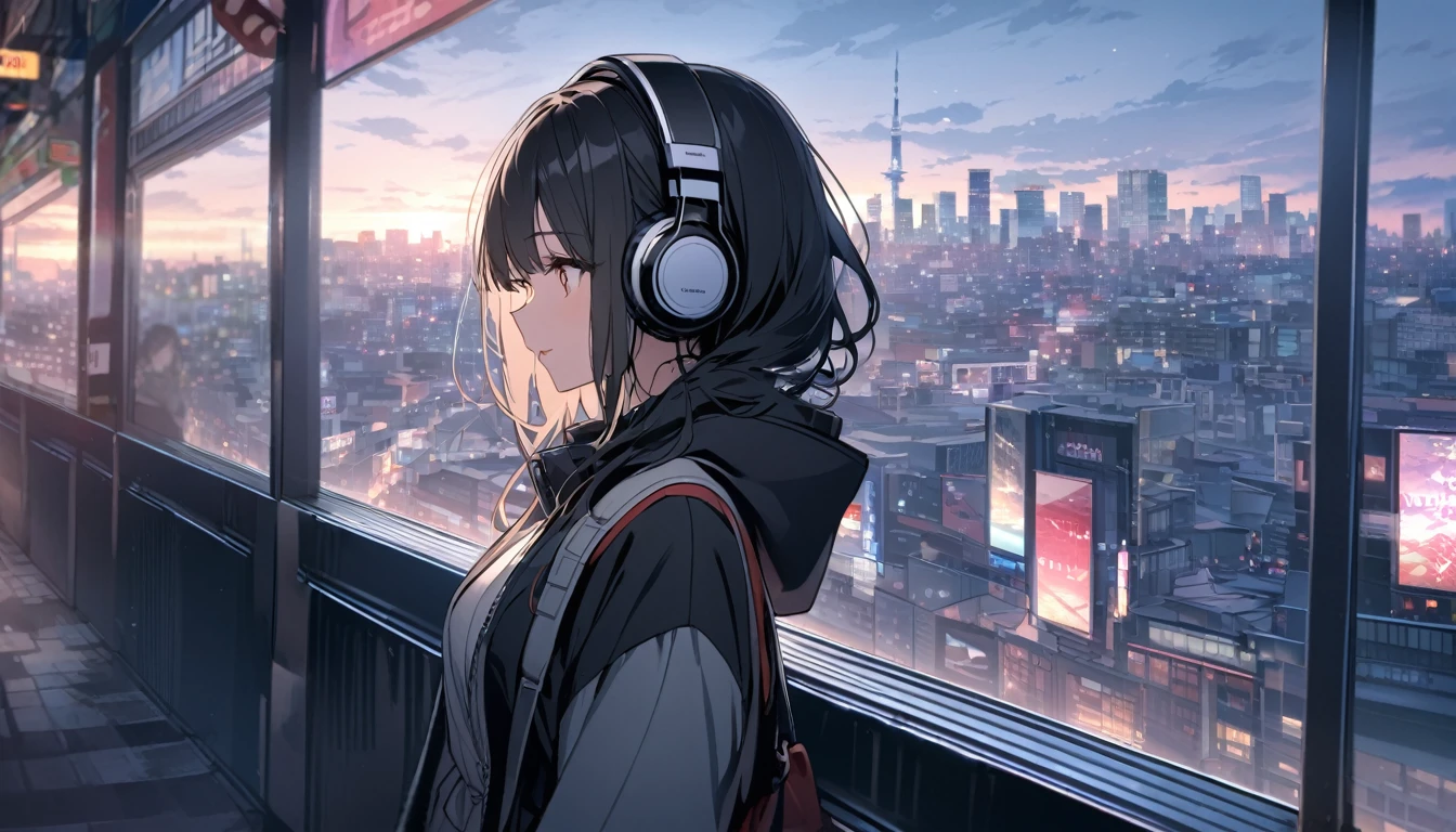Black haired woman with headphones looking at the city of Tokyo,Streetscape、listen to music、Japanese