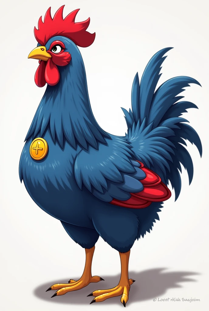Blue hen, with red details on the wings Wearing a yellow badge, realistic anime style