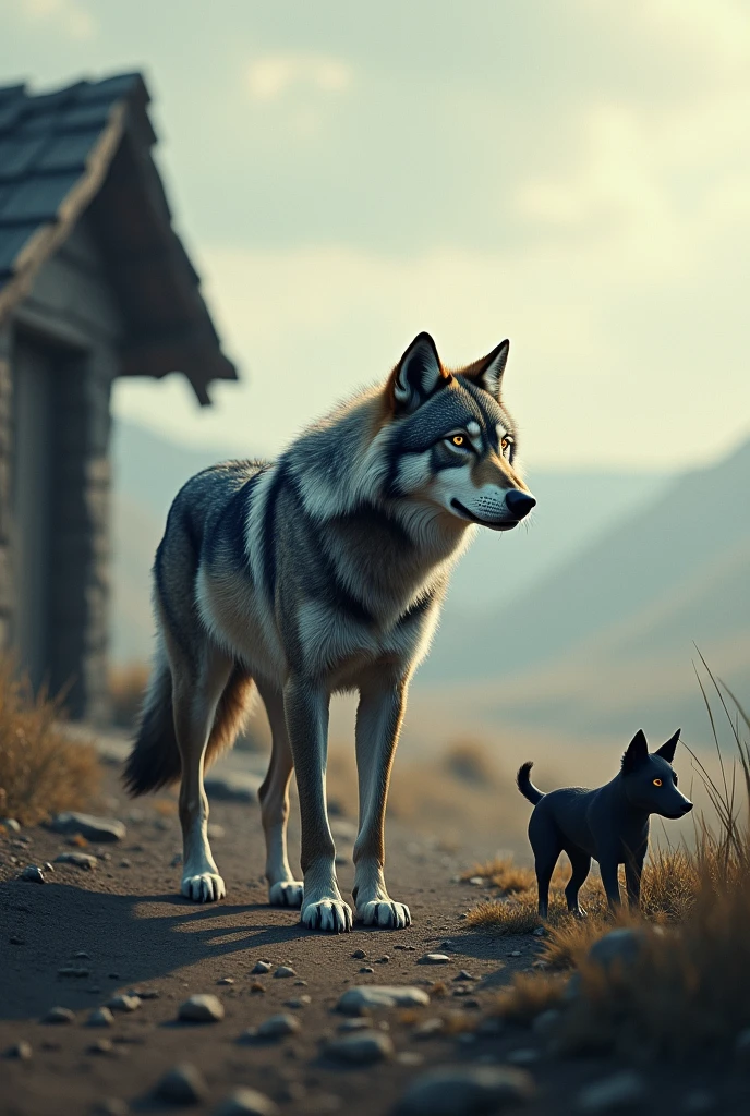 The wolf moving away from the dog and his house, looking towards the horizon.