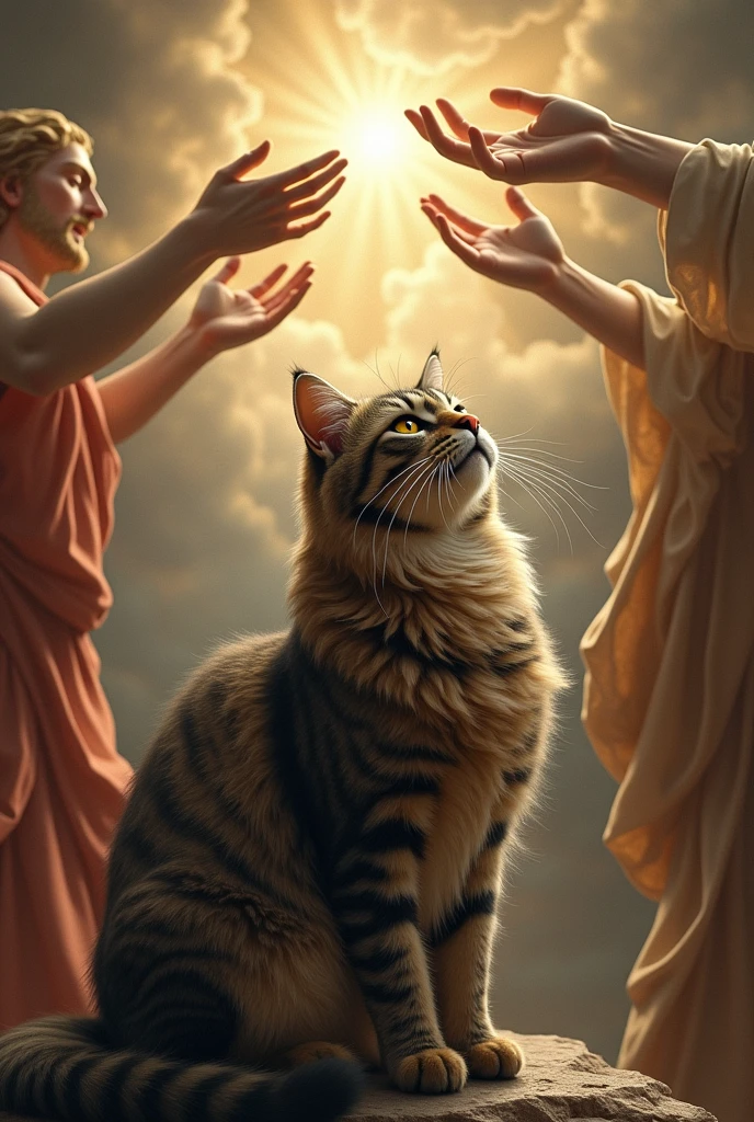 Long haired gray brown and black tabby cat in artwork the creation of adam
