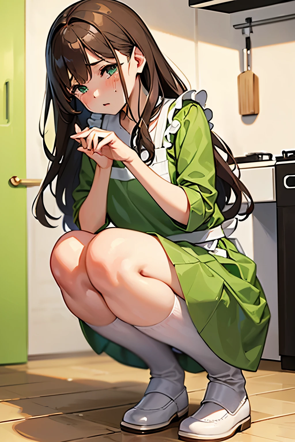 Young wife, long brown hair, wearing a green dress with white dots and a yellowish apron, dropped on her knees, kitchen background, sobbing on the ground like a child