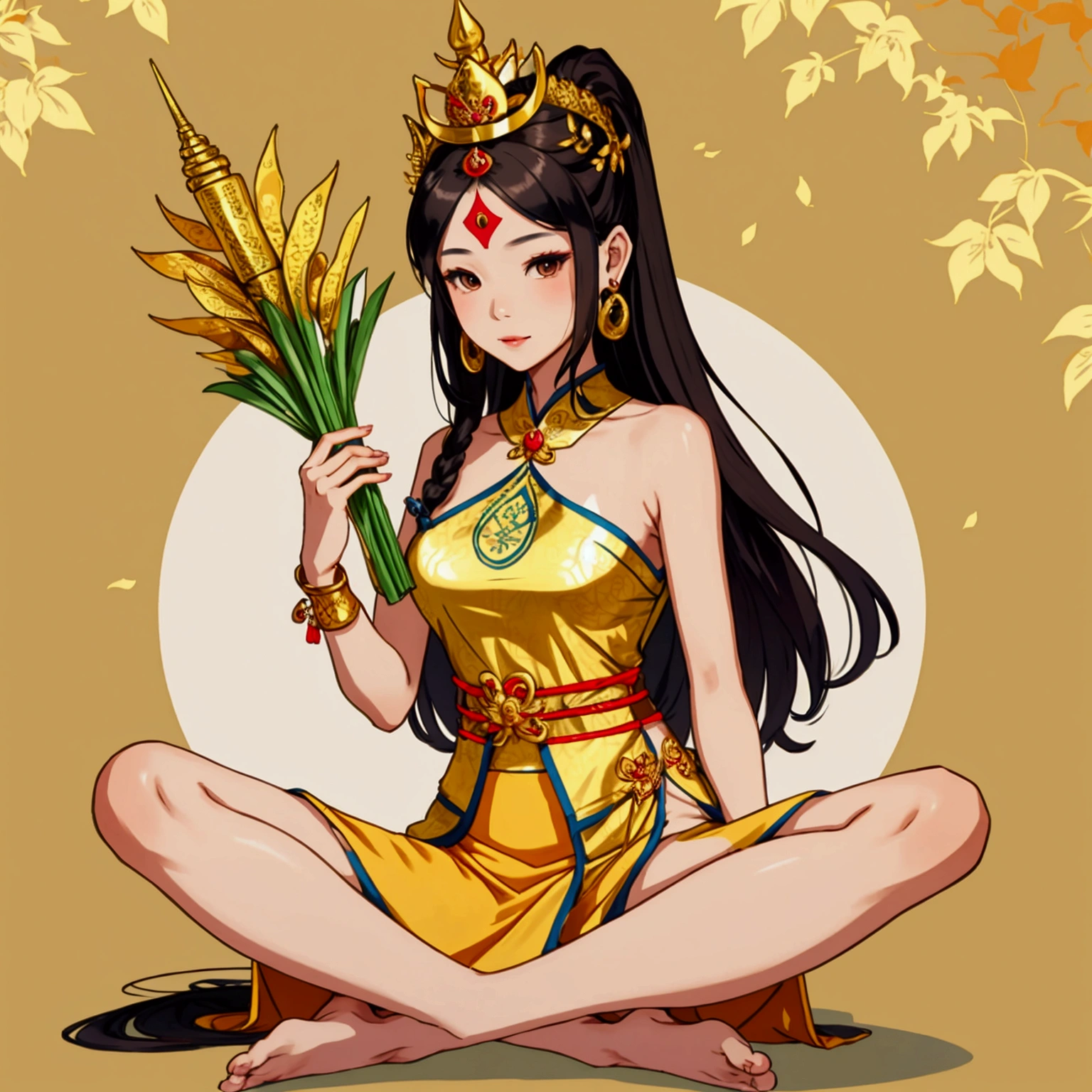 Thai female characters,long hair,Wear Thai clothes,Wear a Thai tube top,,Thai person,Barefoot standing neatly,Put on the leaves,Wearing a golden crown,Wear a Thai pattern skirt,Dress politely,Not