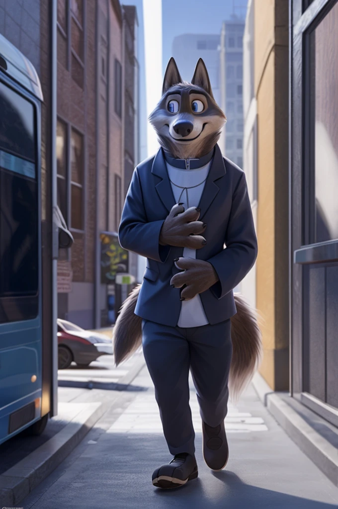 Larry (Zootopia), young wolf, gray fur, (brown body:1.3), beautiful blue eyes, Zootopia, blazer, trousers, Catholic priest,Cardinal,pectoral cross white collar,dog shoes,wolf, detailed fur, Male, second, paw pads, claws, looks at the viewer, 5 fingers, paws, 4 toes, B is walking down the street,waiting for the bus, 
BREAK from nextel, for dating, by xenoforge, (difficult, high detail,digital photography, soft focus,close to the camera, smile, positive, Good, mood, Houses, looks at the viewer, очень close to the camera,catholic priest, On the street is going, on a bus, 
photorealism, realistic, photorealistic,digital style, subsurface scattering,очень close to the camera
шедевр, Best quality, ultra realistic, 8 thousand.)