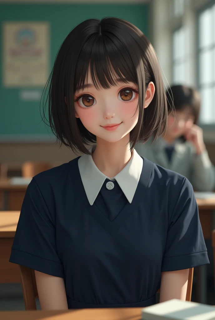Highest quality, Face Focus, Soft Light, Ultra-high resolution, (Realistic:1.4), RAW Photos, 1 Japan, alone, cute, (A shy smile:0.5), (Brown eyes, Light in your eyes), Beautiful face in every detail, (Small box),(High resolution detail of human skin texture), (Short Bob Hair), break, In the classroom,Navy uniform, Best, skirt