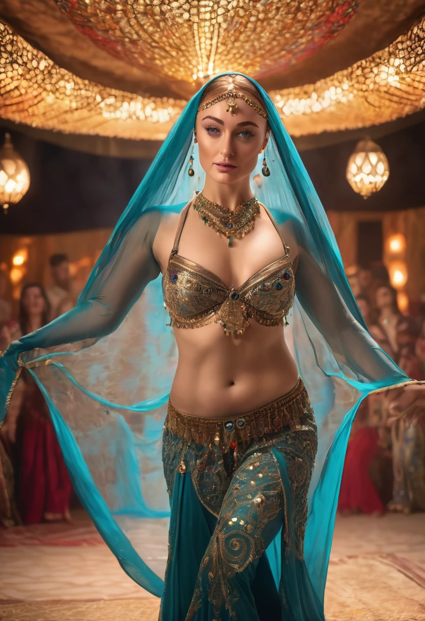 A beautiful young woman in her 20s, (Sophie Turner:1.2), performing an active belly dance, sultry looks, (large butt:1.3), (sheer veils belly dance outfit:1.4), (body jewelry with bells:1.2), (lavish tent interior:1.1), (best quality,4k,8k,highres,masterpiece:1.2),ultra-detailed,(realistic,photorealistic,photo-realistic:1.37),HDR,vivid colors,studio lighting,professional