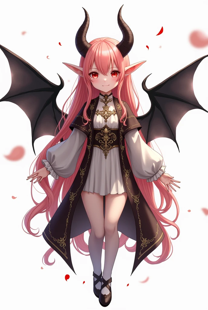 Demonic souls, , Eyes red, by white, アニメ, portraite, ssmile, fly away, sweet , noble clothes, long pink hair , pointy ears, Black feathered assas