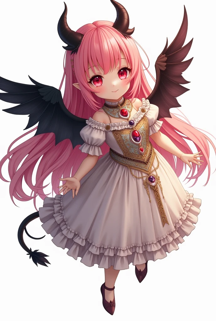 Demonic souls, child , Eyes red, by white, アニメ, portraite, ssmile, fly away, sweet , noble clothes, long pink hair , pointy ears, Black feathered assas
