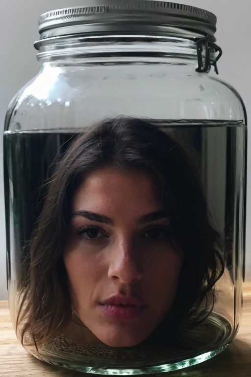 ((severed head stored inside a glass jar)), headless, sexy, beautiful woman, (realistic), (high quality)