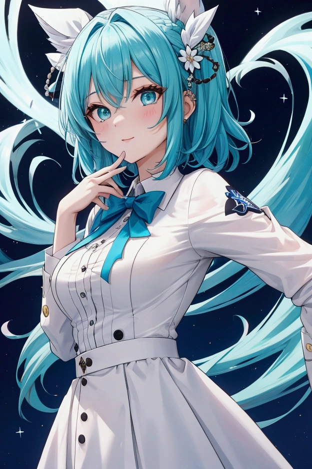 An anime character.
A cute, young-looking 20-year-old girl.
Her hair is Short sports hairstyle.
Her hair color is a mixture of blue and green.
Her eye color is a mixture of blue and green.
No background.
Her face seen from the front.
She is wearing a casino dealer's dress with a white shirt over it. 