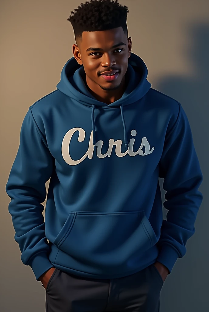 a handsome goodlooking sexy man wearing a blue hoodie,hands in his trouser pocket,curly buzz cut hair style,light brown skin, smiling seductively,head tilted right,biting his lips,name chris on the hoodiea korean 