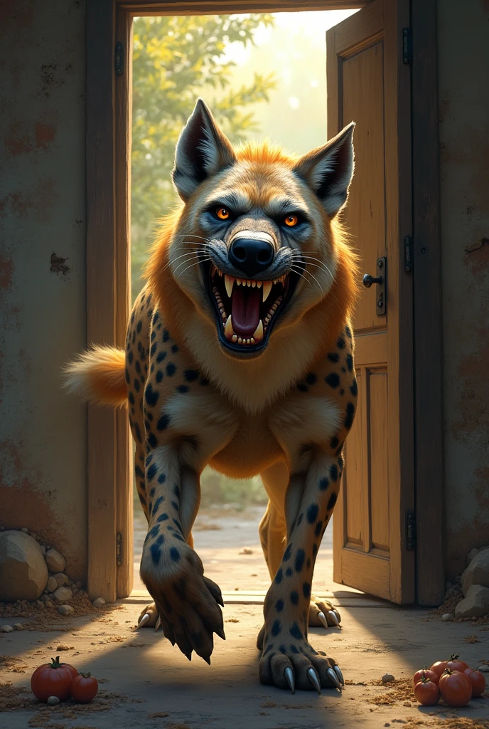 Big Sly hyena with a wide grin exposing sharp yellow teeth at a front open door