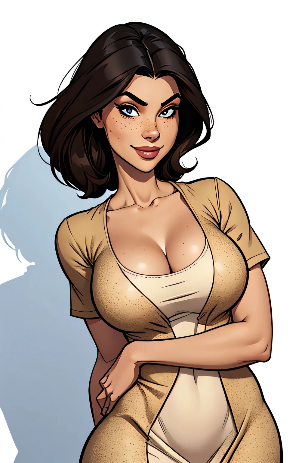 Thin woman, age 25, 4K (High definition), mysterious smile, seducing gaze, eyes browns, wearing a beige dress (with open jacket) with princess neckline and short sleeves, arms positioned at the side of the body, Caucasian skin, straight black hair down to shoulder length, standing (upper body), full of curves with freckles across her chest and neck, round breasts. Marvel style high quality, white background.