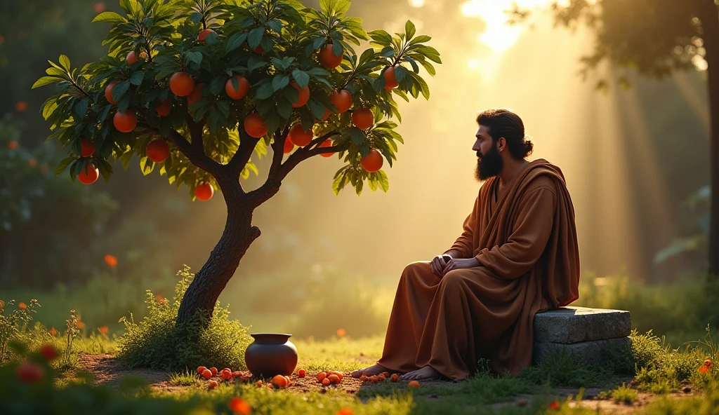 Create a hyper-realistic and mysterious image of Solomon sitting on a stone bench in a peaceful garden, where he is looking at a small tree loaded with ripe fruit. Beside him, In floor, there is a clay pot full of seeds, symbolizing investment and economy. The soft light of dawn illuminates the tree and Solomon, creating an atmosphere of reflection and contentment. The scene should capture the idea that, just as a tree grows and bears fruit from carefully planted seeds, prosperity is built on diligent and careful savings.