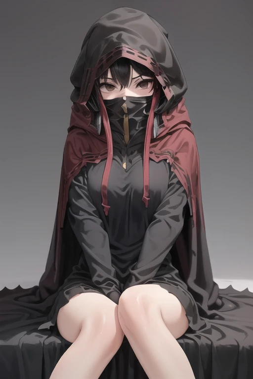 NNAssassinFSF, 1girl, solo, black hair, long cape sleeves, sleeves covered hands, long skirt, robe dress, long cape, cape, black cloak, hood up, black robe, covered mouth, white gloves, mask, hooded cloak, ((masterpiece, best quality)), sitting, laying down, room, red eyes, happy look,