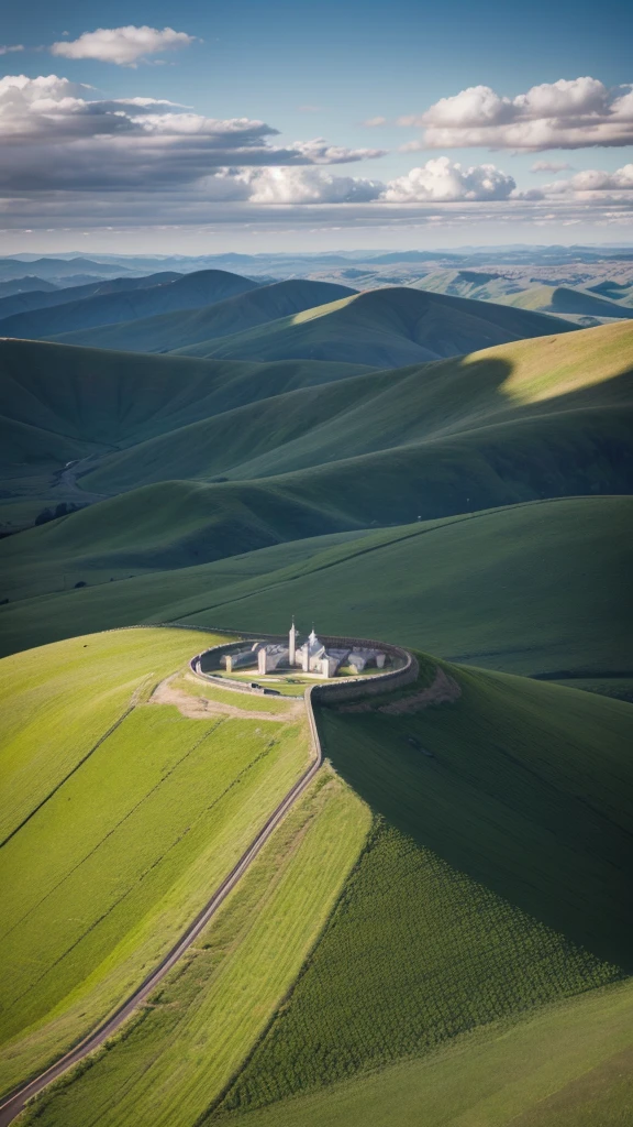 A plain with some hills and a large cross in the middle