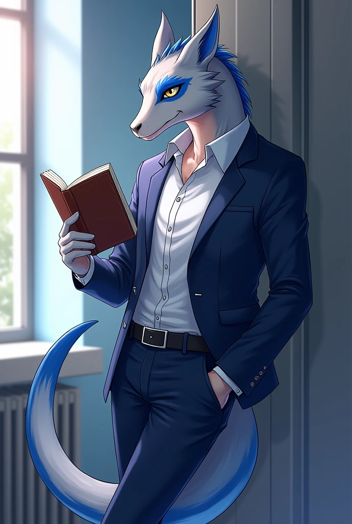 Male furry dragon, gray color and white lines, there is a blue oval shape on his cheek, ideal body, high school student, so OSIS, wear high school student council uniform, wear school pants, he is reading a book while standing with one hand, his eyes glanced, one more hand in the pocket, leaning against the wall, have one tail,there is an aura around him, graphic anime