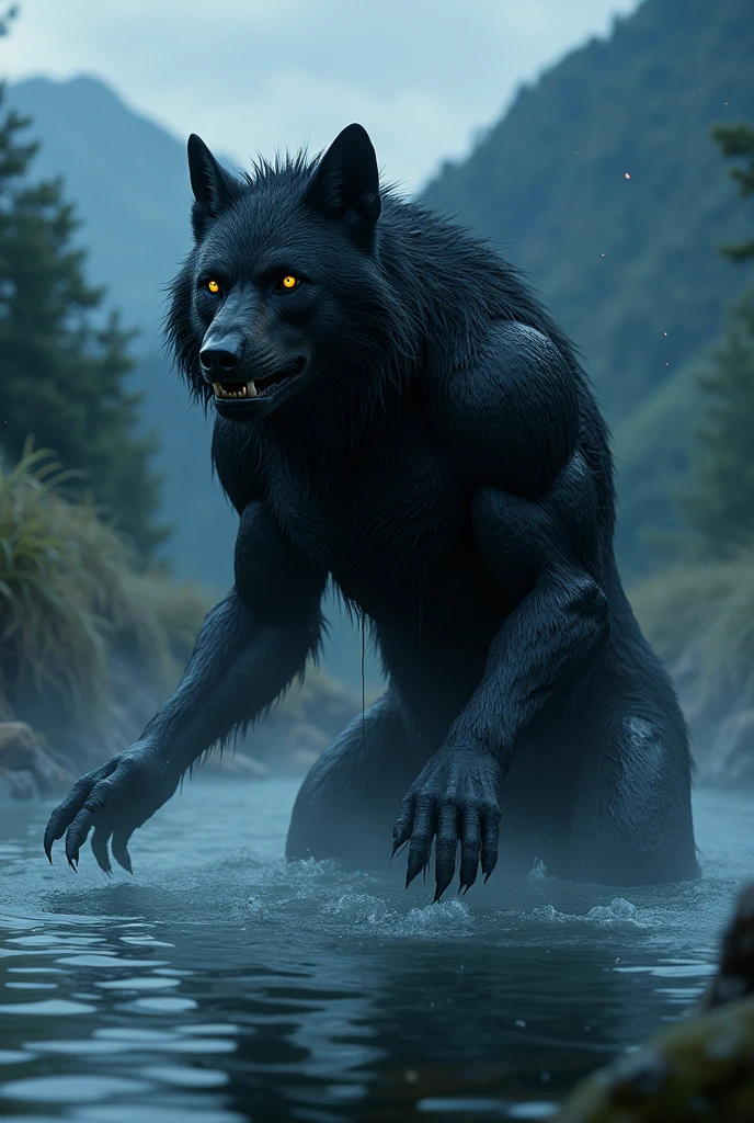 Black hairy female werewolf takes a bath in a hot spring at night
