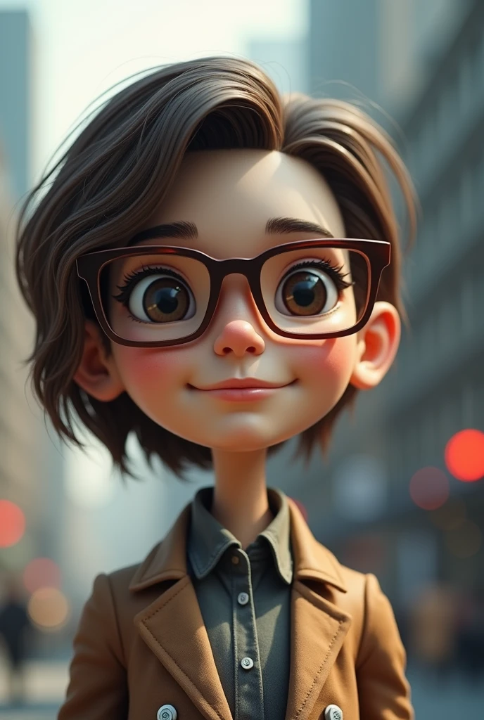 Create a humanoid, having strong human characteristics, the head must be human, the face mouth, eyeballs, nase, cheeks and eyebrows, short brown hair, side hairstyles, must wear rectangular glasses. Having a financial market in the landscape
