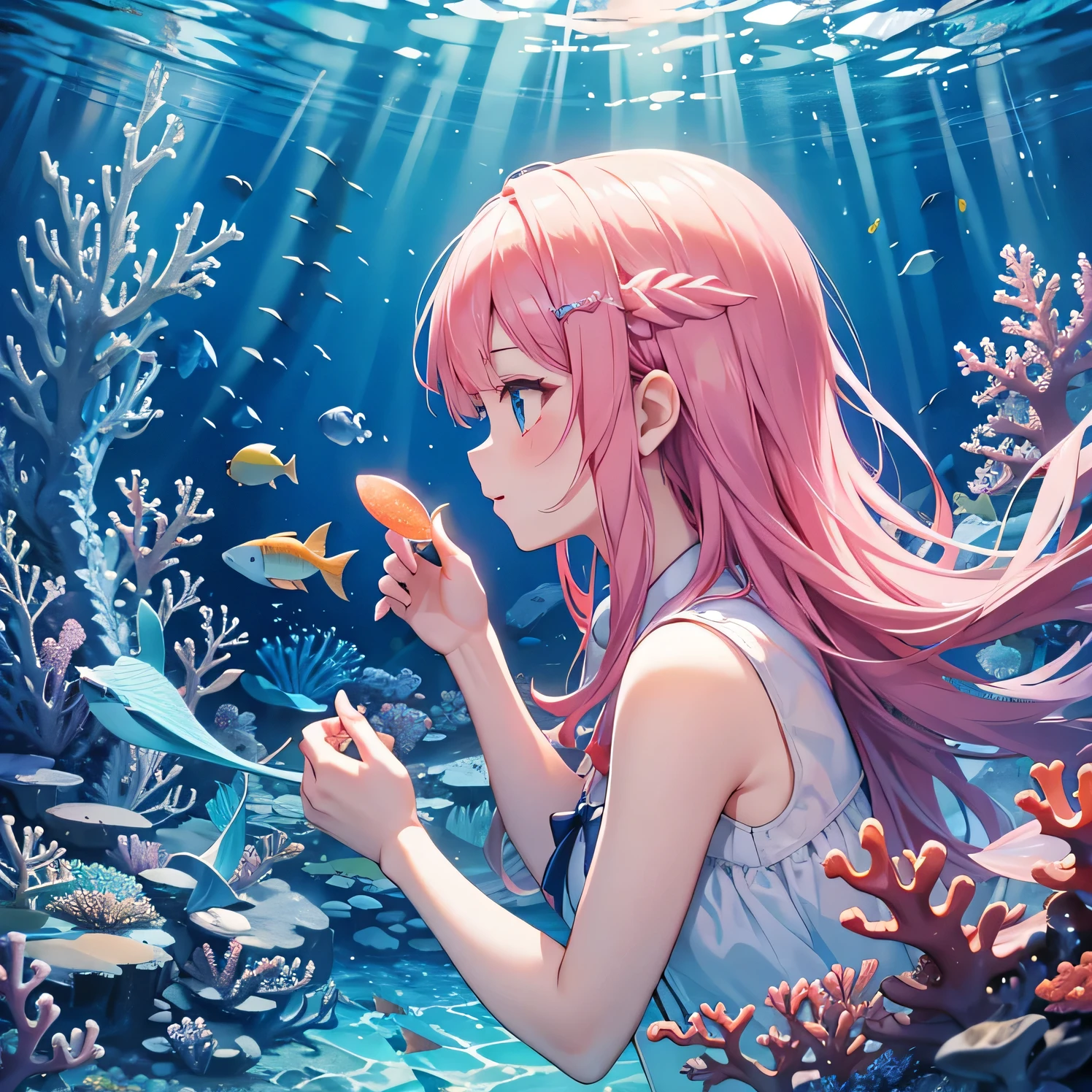seabed、School of fish、coral、mermaid、Fisheye Lens、beautiful girl、prism、profile、Atlantis