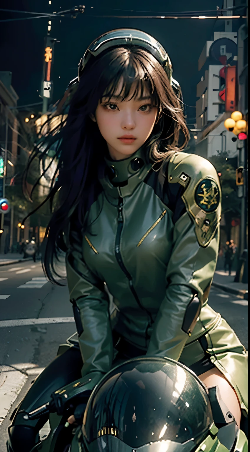 Highest image quality, outstanding details, ultra-high resolution, (realism: 1.4), the best illustration, favor details, highly condensed 1girl, with a delicate and beautiful face, dressed in a black and green mecha, wearing a mecha helmet, holding a directional controller, riding on a motorcycle, the background is a high-tech lighting scene of the future city.