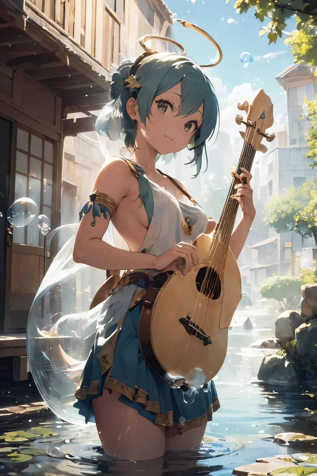 ((Top Quality)), ((Excellent)), (Details), ((saraswati playing a pipa in the shape of a Lute)),((Saraswati)) ,((god of wealth, music, eloquence and water)),nice hands, perfect hands ,benzaiten, Goddess,full body,Sunrise, Ultra-Realistic, Stunning Environment, Bright Colors, 13 Years Old,((upper body)), shiny hair, a Girl ,((Blue Eyes)) , Black Hair, (Childish Face), ((half-smile)),(Straight Hair), ((saraswati playing a Biwa in the shape of a Lute)) ,bun hair ,corolla,((Full body shot)),Flower hairpin, Medium Breasts, Sunlight, ((naked)) ,((topless)), ((Golden Screen)),((Lots of flowers)),((Lots of bubbles)),((saraswati playing a pipa in the shape of a Lute)), (Gold loincloth), ((naked)) ,((topless)),Gold loincloth, ((Lotus Position)), ((Biwa Japanese lute)),Halo,((corolla)), ((saraswati playing a pipa in the shape of a Lute)), upper body,((Lots of bubbles)),((upper body)),,Flower hairpin, shiny hair, Straight Hair, a Girl ,((Moderate Breasts)),,masterpiece , (half-smile), ultra realistic,((Gold loincloth)),,((naked)),, best quality, blunt bangs, Lotus flower,