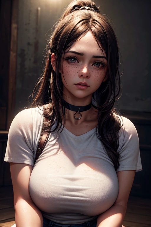 a woman in her late 30s, chubby physique, long straight dark brown hair, high ponytail, freckles, flushed cheeks, wearing a choker, large breasts, curvy figure, tied white t-shirt (braless) denim shorts, white leggings, (best quality,4k,8k,highres,masterpiece:1.2),ultra-detailed,(realistic,photorealistic,photo-realistic:1.37),detailed portrait, cinematic lighting, natural skin texture, intricate details, dramatic colors, moody atmosphere, seductive pose