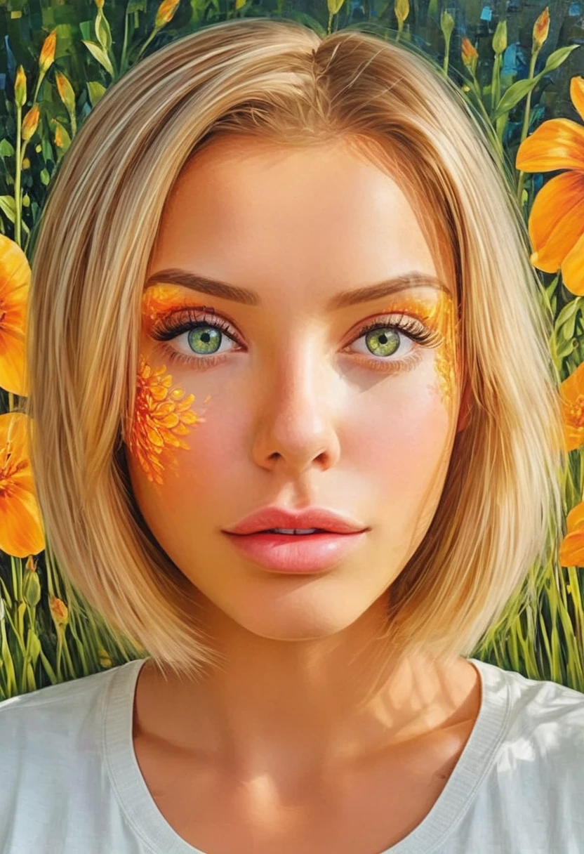 A girl in a garden, oil painting, beautiful detailed eyes, beautiful detailed lips, extremely detailed eyes and face, long eyelashes, flowing hair, serene expression, vibrant green grass, colorful flowers, sunlight filtering through trees, birds chirping, soft breeze, lively atmosphere, (best quality, hyper-realistic, hyper-detailed:1.2, high resolution, high contrast), (ambr1), (blacklight makeup), quantum computer AI, outside world