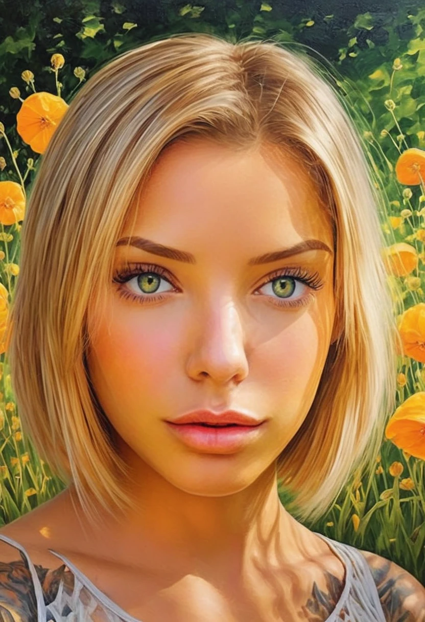 A girl in a garden, oil painting, beautiful detailed eyes, beautiful detailed lips, extremely detailed eyes and face, long eyelashes, flowing hair, serene expression, vibrant green grass, colorful flowers, sunlight filtering through trees, birds chirping, soft breeze, lively atmosphere, (best quality, hyper-realistic, hyper-detailed:1.2, high resolution, high contrast), (ambr1), (blacklight makeup), quantum computer AI, outside world