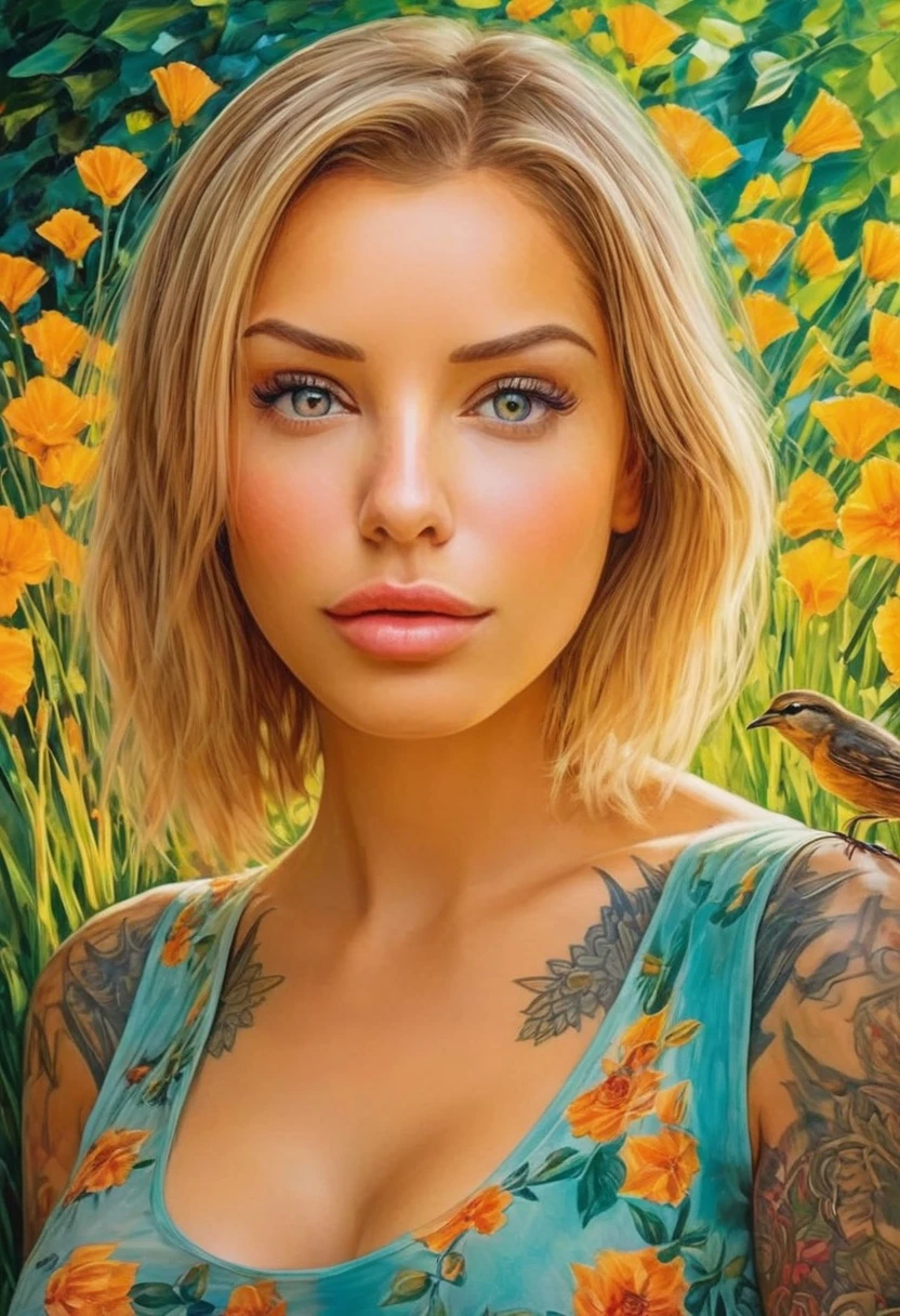 A girl in a garden, oil painting, beautiful detailed eyes, beautiful detailed lips, extremely detailed eyes and face, long eyelashes, flowing hair, serene expression, vibrant green grass, colorful flowers, sunlight filtering through trees, birds chirping, soft breeze, lively atmosphere, (best quality, hyper-realistic, hyper-detailed:1.2, high resolution, high contrast), (ambr1), (blacklight makeup), quantum computer AI, outside world