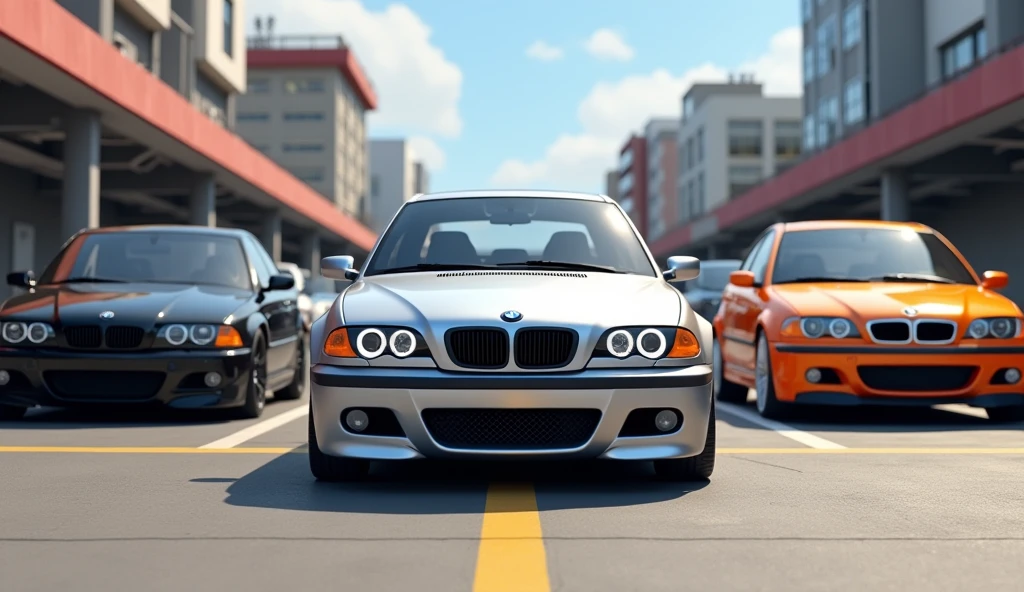 Im Stil von Pixar 3D- The animated film. A silver BMW E46 Compact stands in a parking lot, To his left and right are a black BMW E60 Sedan and an orange Ford Focus ST MK1.