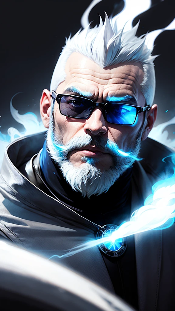 Blue mohawk head man with blue angel aura black sunglasses white beard white turtleneck and black background with gray smoke