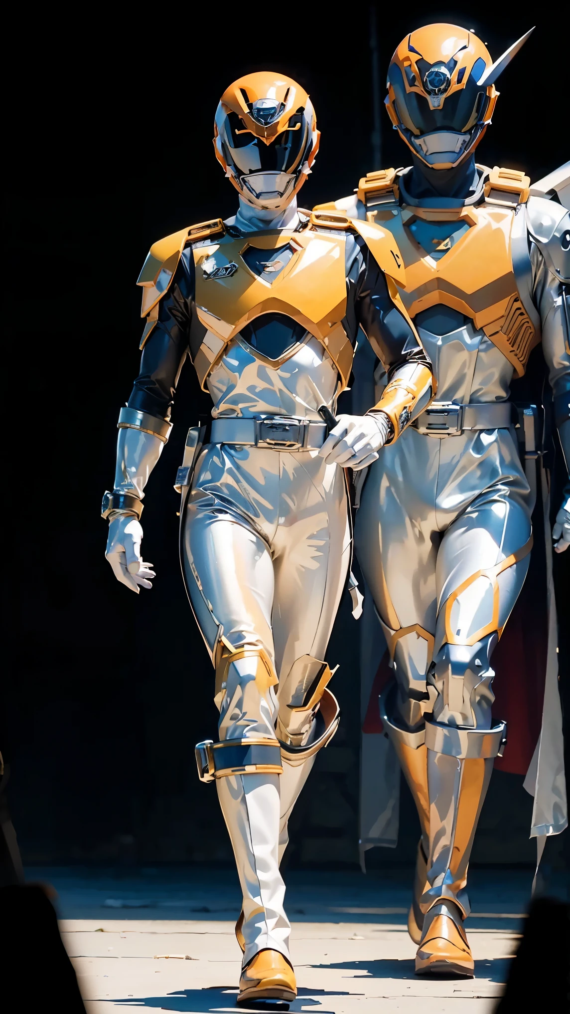 1boy, full body, Illustration, cinematic light, high resolution, best quality, ultra detailed, masterpiece, power suit, powerranger, suit, spd, (Silver and Gold chestplate), gold detail, (((white suit))), dynamic pose, Police pose,