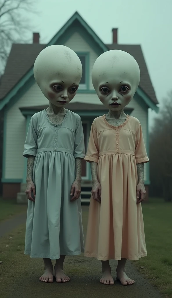 Best quality, masterpiece, two figures with balloon heads, wearing pastel-colored one-piece dresses, house front background, detailed skin expression, detailed image texture, grotesque, horror, creepy atmosphere (not AI image), cloudy weather, foggy