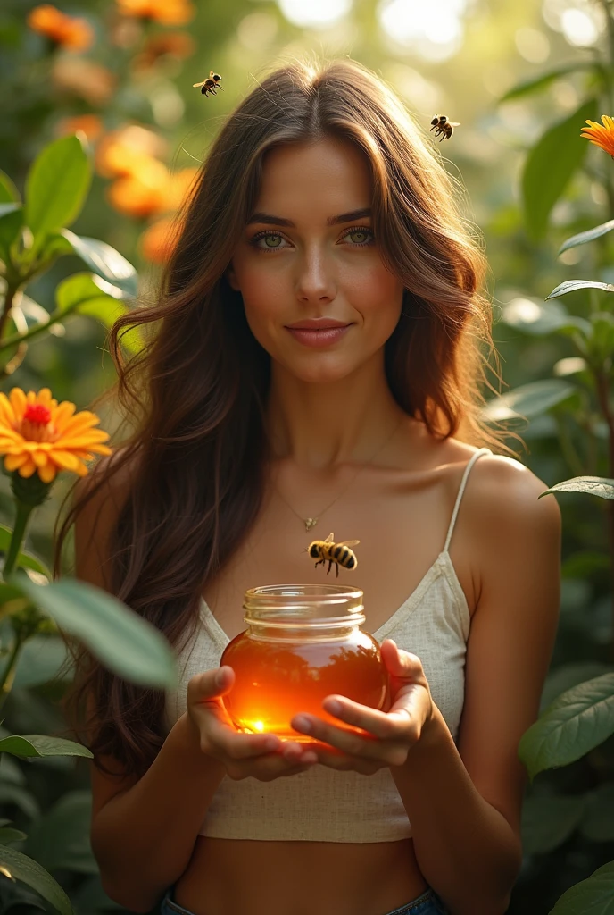 A woman with a slight smile and long brown hair, alone in the jungle surrounded by plants with multicolored flowers.
She wears a short-sleeved purple dress, with white lines and flowers. Pose like a professional, flirtatious and elegant model,
showing honey close-up with hands in a labeled glass jar, in a hyper-realistic photo style.
The midday sun filters the light through the plants, reflecting and illuminating the dew left by the rain, creating a cinematic atmosphere.
It is in the middle of the vegetation, where there are bees flying among the leaves and flowers.
*Add cinematic effects:*
*Depth of field* to focus on the woman and blur the background.
*Soft lighting* and *backlight* to highlight the outline of the figure.
*Anamorphic lens effect* for a cinematic touch.
*Warm tones* and *color filters* to r