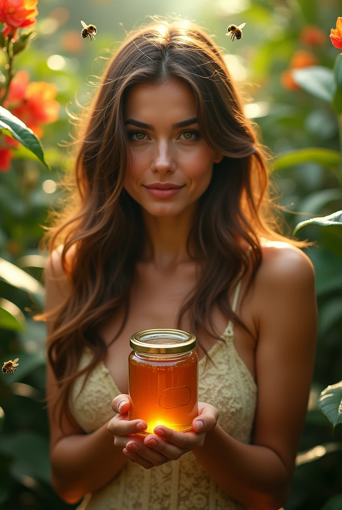 A woman with a slight smile and long brown hair, alone in the jungle surrounded by plants with multicolored flowers.
She wears a short-sleeved purple dress, with white lines and flowers. Pose like a professional, flirtatious and elegant model,
showing honey close-up with hands in a labeled glass jar, in a hyper-realistic photo style.
The midday sun filters the light through the plants, reflecting and illuminating the dew left by the rain, creating a cinematic atmosphere.
It is in the middle of the vegetation, where there are bees flying among the leaves and flowers.
*Add cinematic effects:*
*Depth of field* to focus on the woman and blur the background.
*Soft lighting* and *backlight* to highlight the outline of the figure.
*Anamorphic lens effect* for a cinematic touch.
*Warm tones* and *color filters* to r